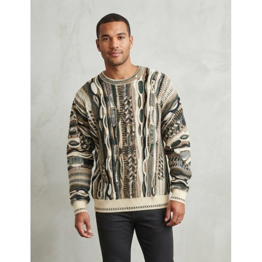 J. Ferrar Coogi Style 3D Knit Textured Abstract Crewneck Sweater Large
